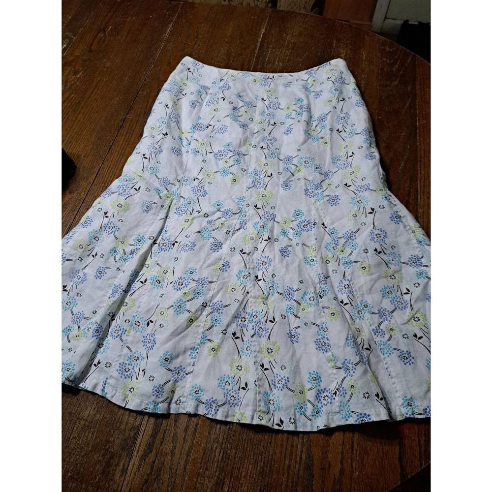 Size 10 Kim Rogers Linen Lined Floral Maxi Skirt Blue White Green Brown